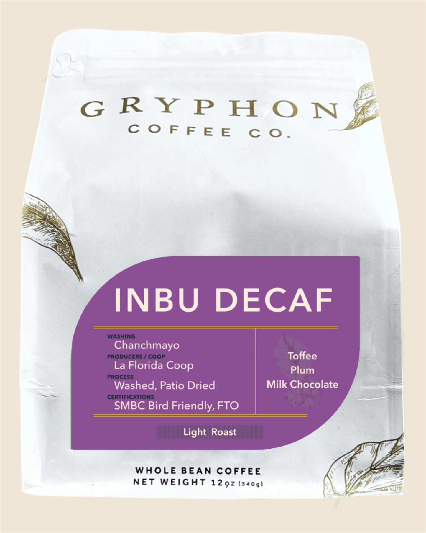 Gryphon Coffee Co. INBU DECAF coffee package on a beige background