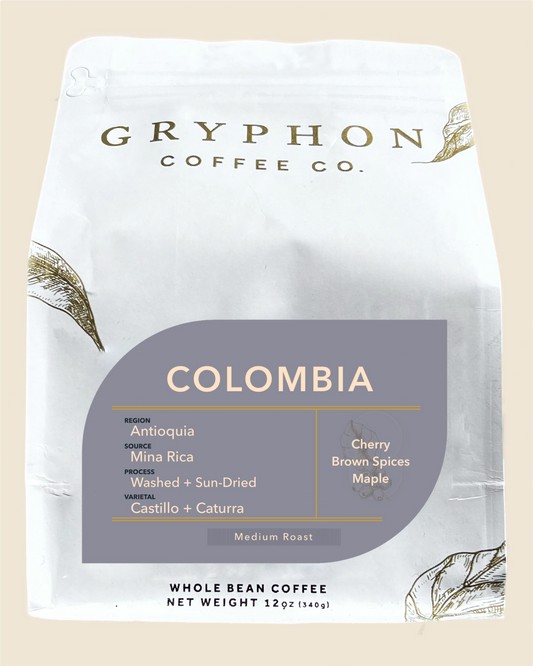 Gryphon Coffee Co. Colombia 12 oz coffee bag on a beige background