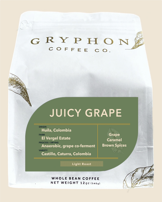 Gryphon Coffee Co. Juicy Grape coffee bag on a beige background