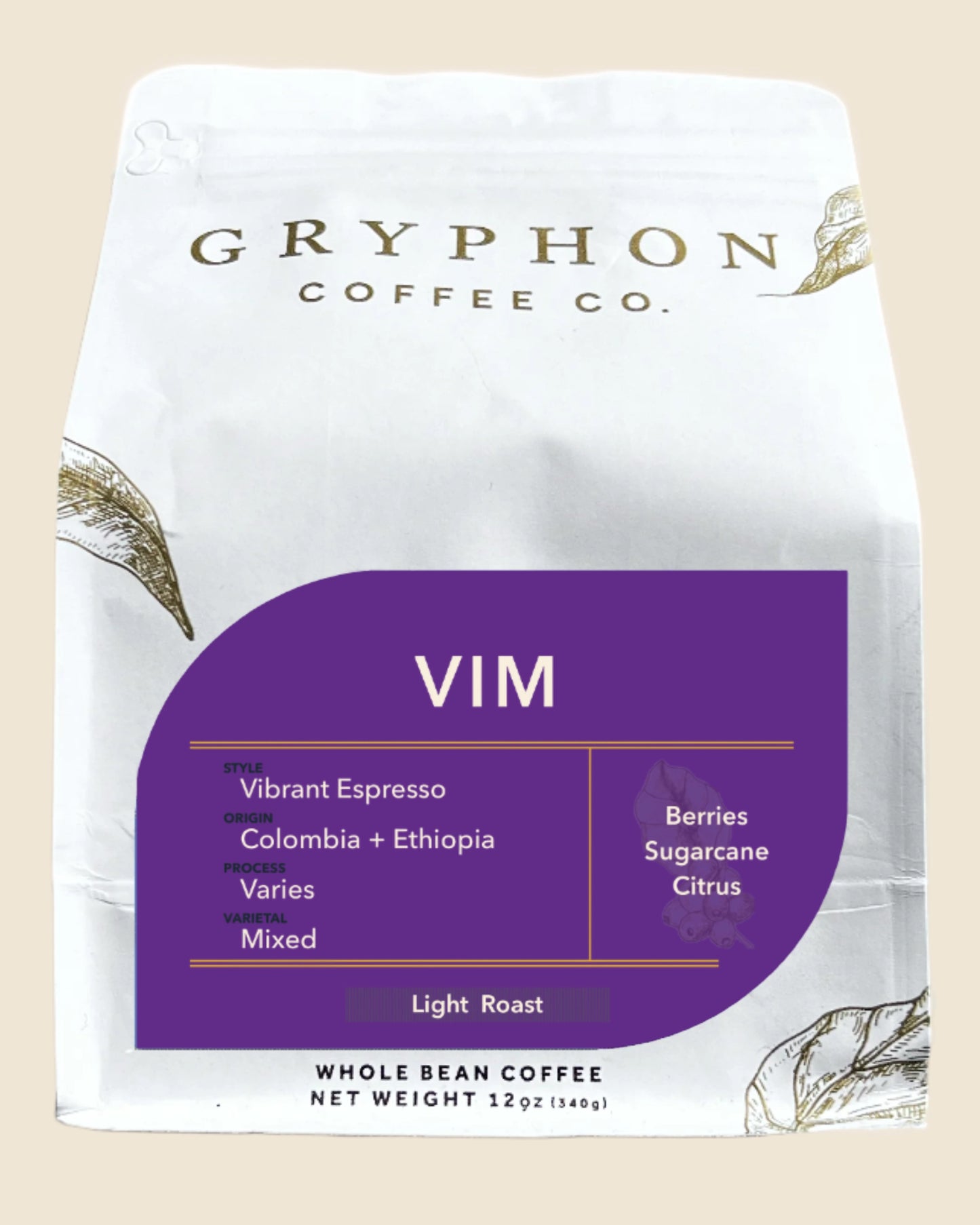 Gryphon Coffee Co. VIM espresso coffee bag on a beige background