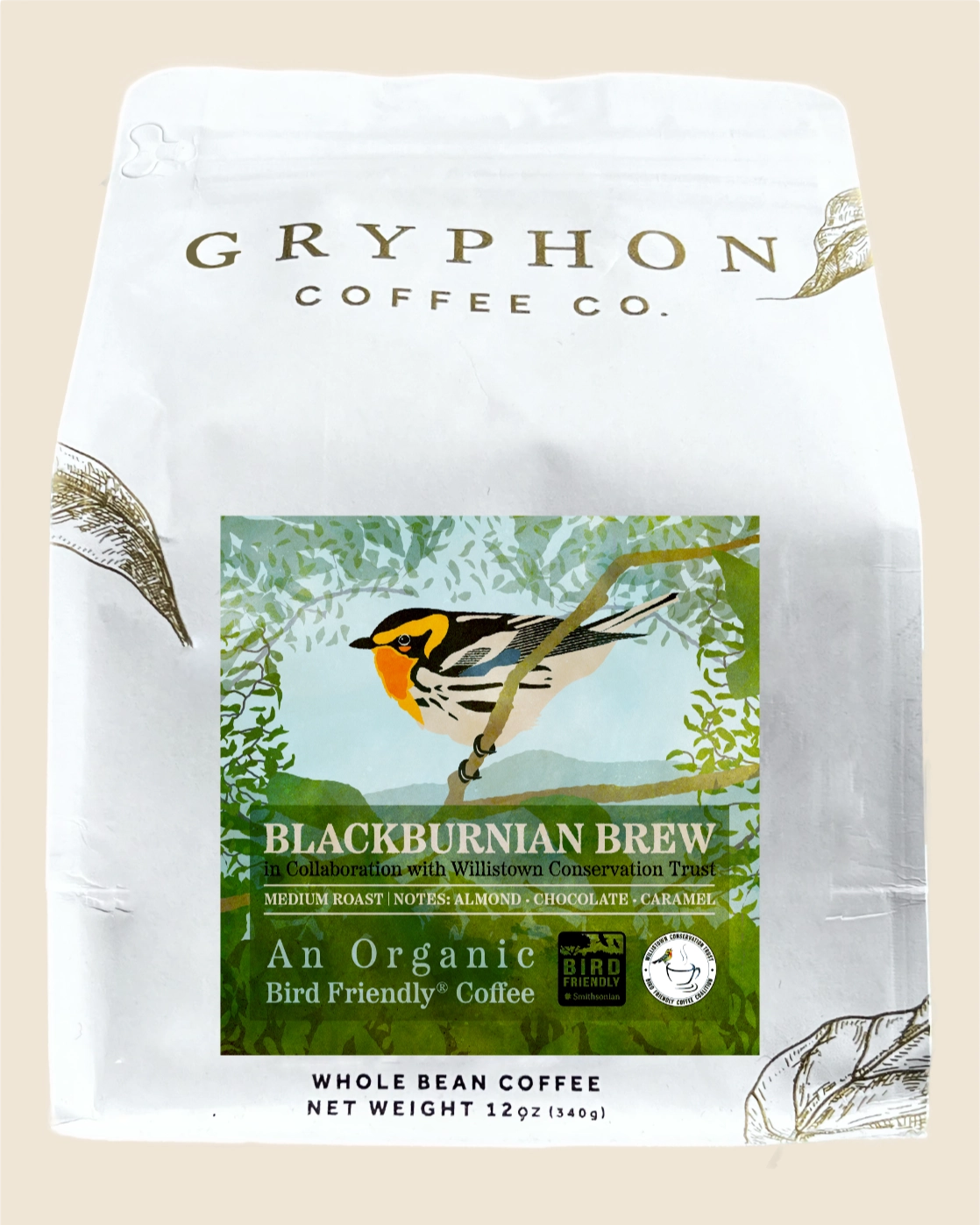 Gryphon Coffee Co. coffee bag with a Blackburnian Warbler illustration on a beige background