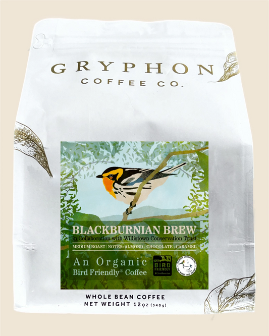 Gryphon Coffee Co. coffee bag with a Blackburnian Warbler illustration on a beige background
