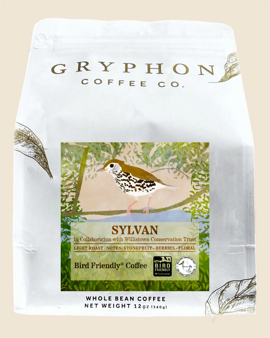 Gryphon Coffee Co. Sylvan coffee bag with a bird illustration on a beige background