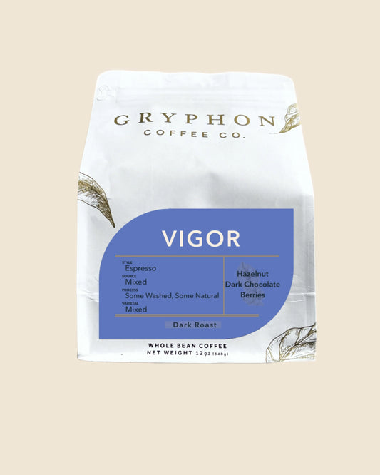 Gryphon Coffee Co. Vigor espresso package on a beige background